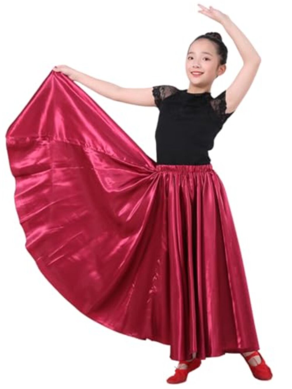Girls Satin Full Circle Long Dance Skirt Ankle Length Elastic Waist